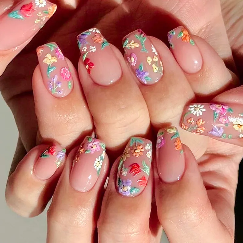 24Pcs Pink Square Fake Nails Press on Flower Bow Rhinestone Design Nails Sets Woman Detachable Short French False Nails Manicure