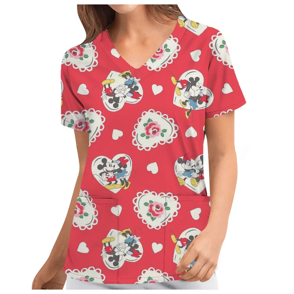 3D Disney Mickey Mouse Print Scrub Tops Women Short Sleeve V-neck Tops Nurse Uniform Cartoon Print Working Blouse Ladies uniform