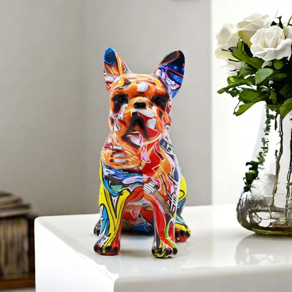 Kawaii Graffiti French Bulldog Statue Cartoon Mini Painted Bulldog Statue Romance Creative Colorful Dog Statue Home