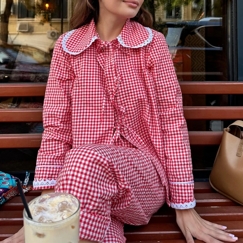 Vintage Outfits Women Y2k T-shirt 2 Piece Red Plaid Lace Trim Doll Collar Front Tie Up Blouse Tops + Wide Leg Loose Fit Pants