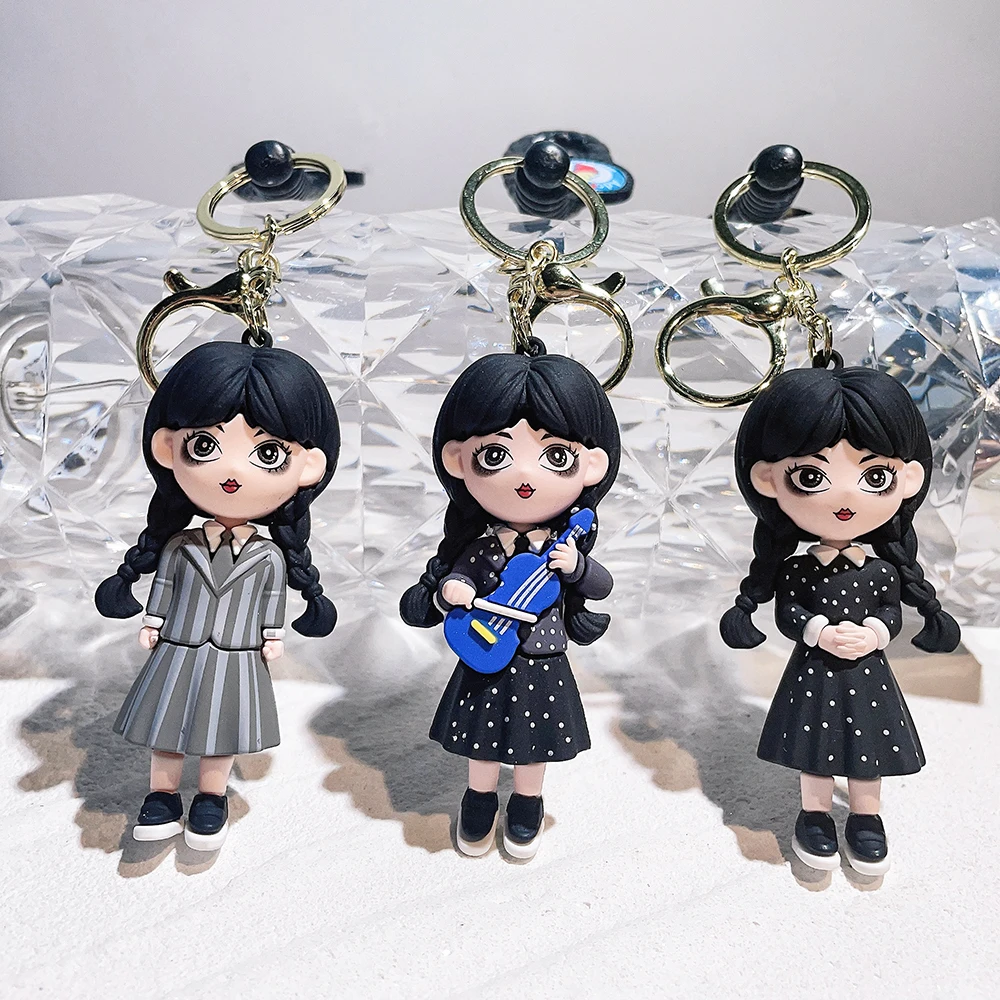 Trend Movie Addams 3d Keychain Wednesday Addams Pendant Keyrings Cartoon Figure Keyholder Backpack Car Key Keychains Accessories