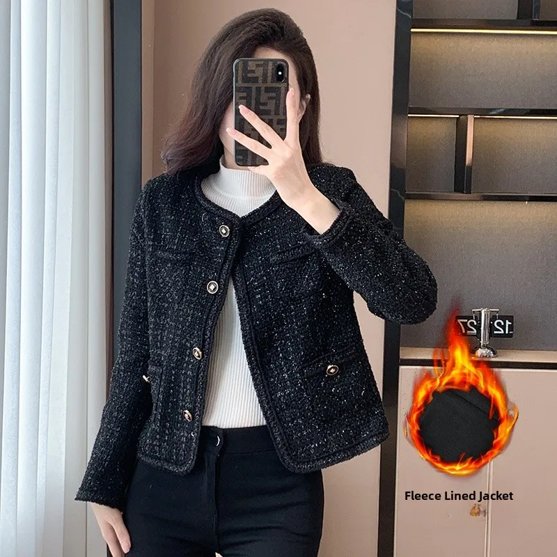 

Bla ort Coat 2024 New Sle Korean Version Tweed Small Fraance Sle Women's Autumn Winter Thiened Polyester Fiber