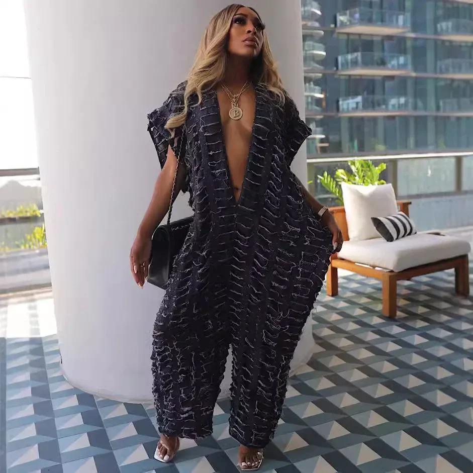 

European and American Women's Loose Denim Jumpsuit, Sexy Deep V, Ripped, Wide-leg Jumpsuit Short-sleeved One-piece Sagging Pants