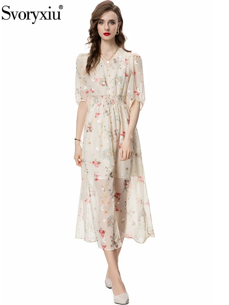 

Svoryxiu Runway Fashion Summer Floral Print Long Dress Women's V-Neck Button Elastic Waist Lantern Half Sleeve A-Line Dress