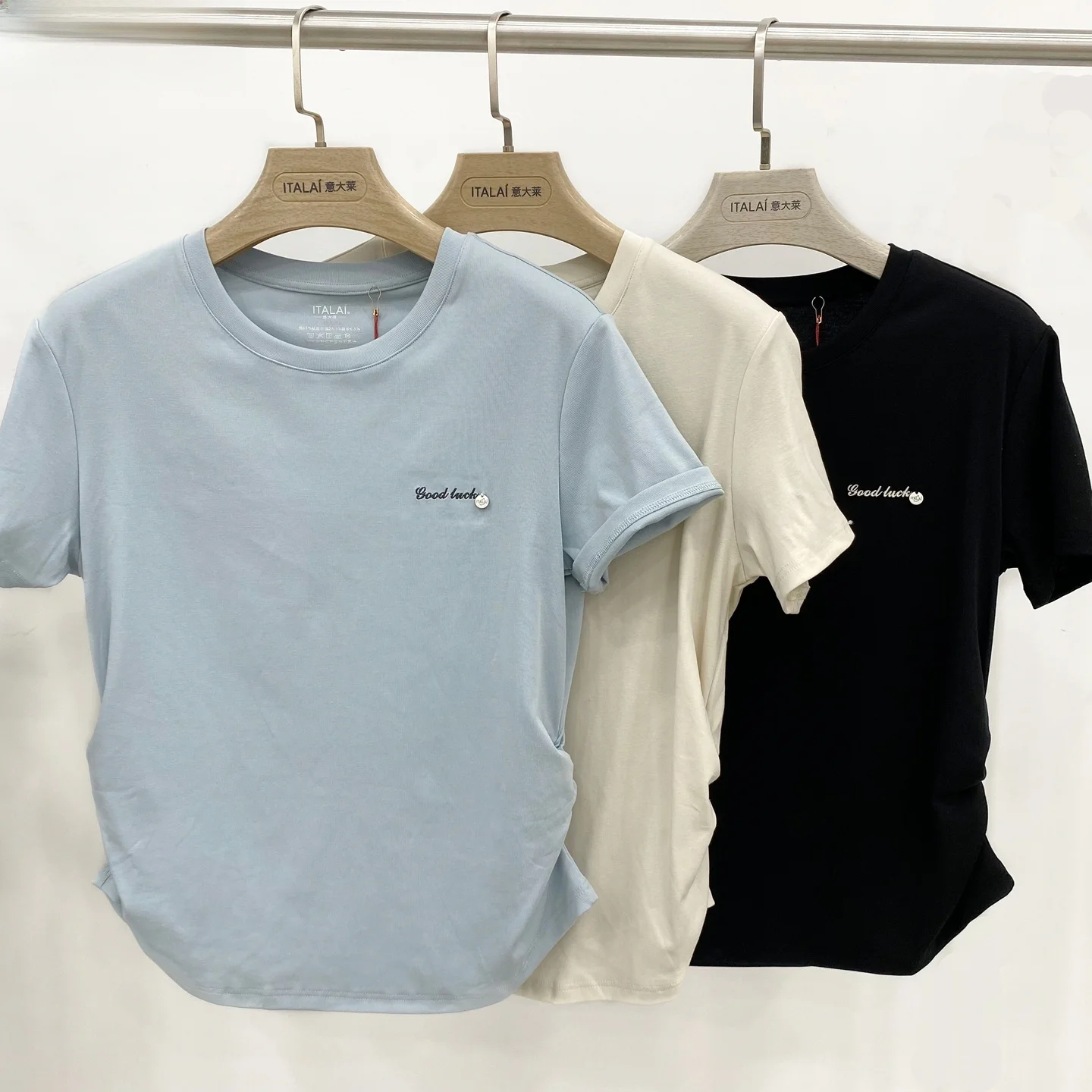 イタリア製レディース半袖tシャツラウンドネックピュアカラー薄手コットンベースプリーツスリムフィットショートハーフスリーブトップ6a33