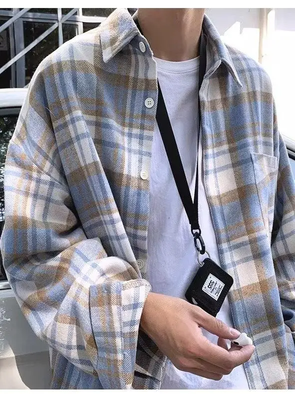 

Ретро-японская клетчатая рубашка для мужчин, свободного кроя, с длинными рукавами, осенне-зимняя повседневная верхняя одежда для подростков и взрослых
