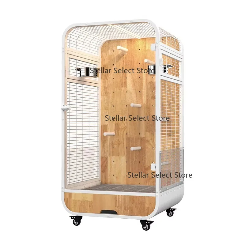 

Large Square Iron and Solid Wood Birdcage with Tempered Glass Movable Villa for Parrots Cockatiel Breeding Cage Boxed Product