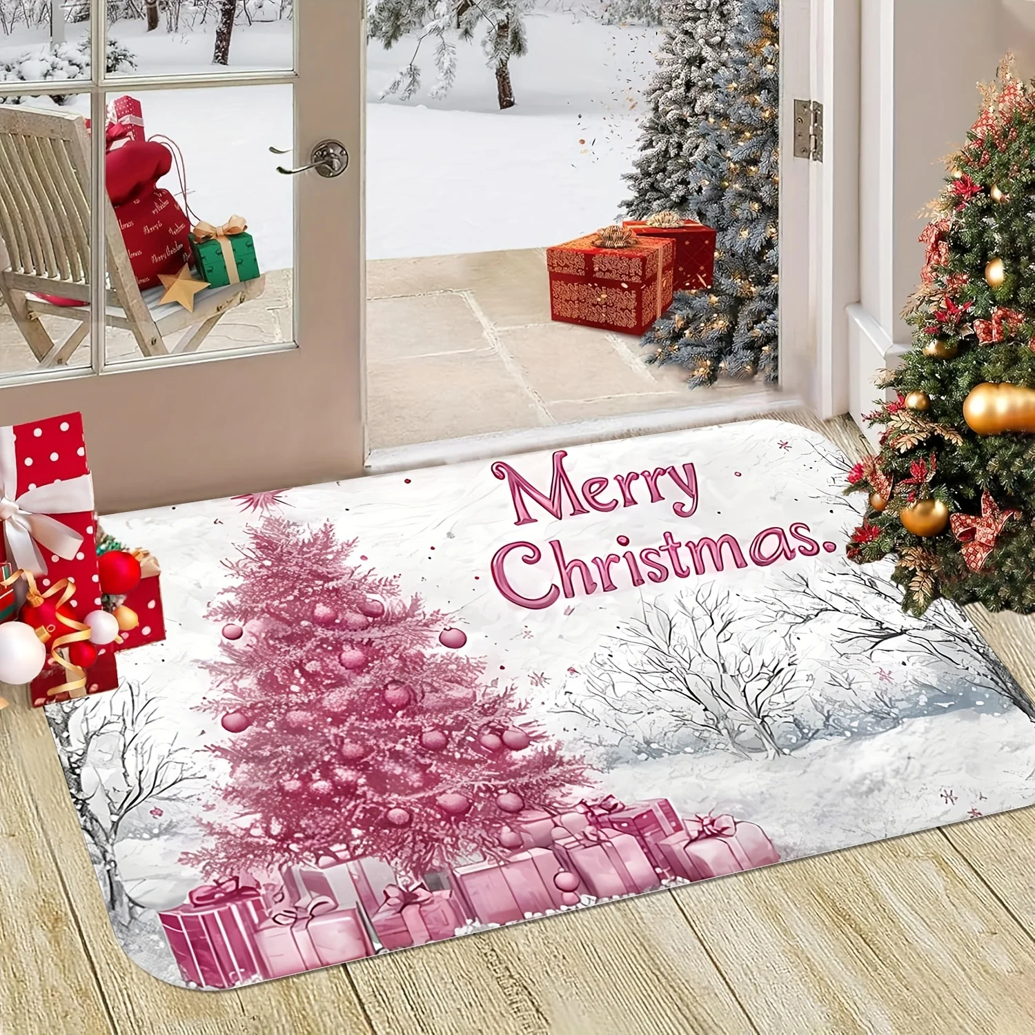 Pink Christmas Tree Gift Doormat Merry Xmas Winter Snow Scene Print Entryway Floor Mat for Front Door Indoor Holiday Home Decor