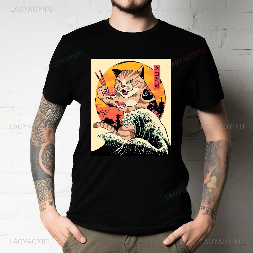 Funny Cat Vangogh Starry Night Cat Japanese Art Catzilla Cartoon Gifts for Men Women O-Neck Short Sleeves T-Shirt Tops