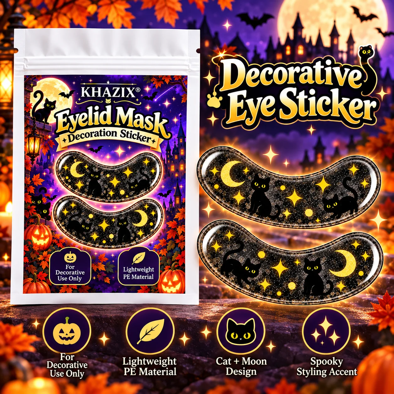 10/5/2 Pairs Black Cat & Moon Eye Stickers, Decorative Under-Eye Patches for Halloween Costume Makeup, Parties & Festivals