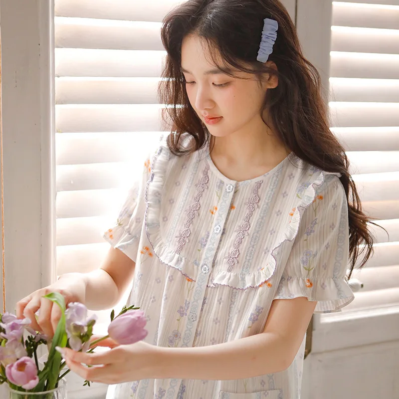 

Summer New Cotton Short-sleeved Pajamas Women's Crew Neck Cropped Pants 2PCS Sweet Floral Loose Cardigan Loungewear Set