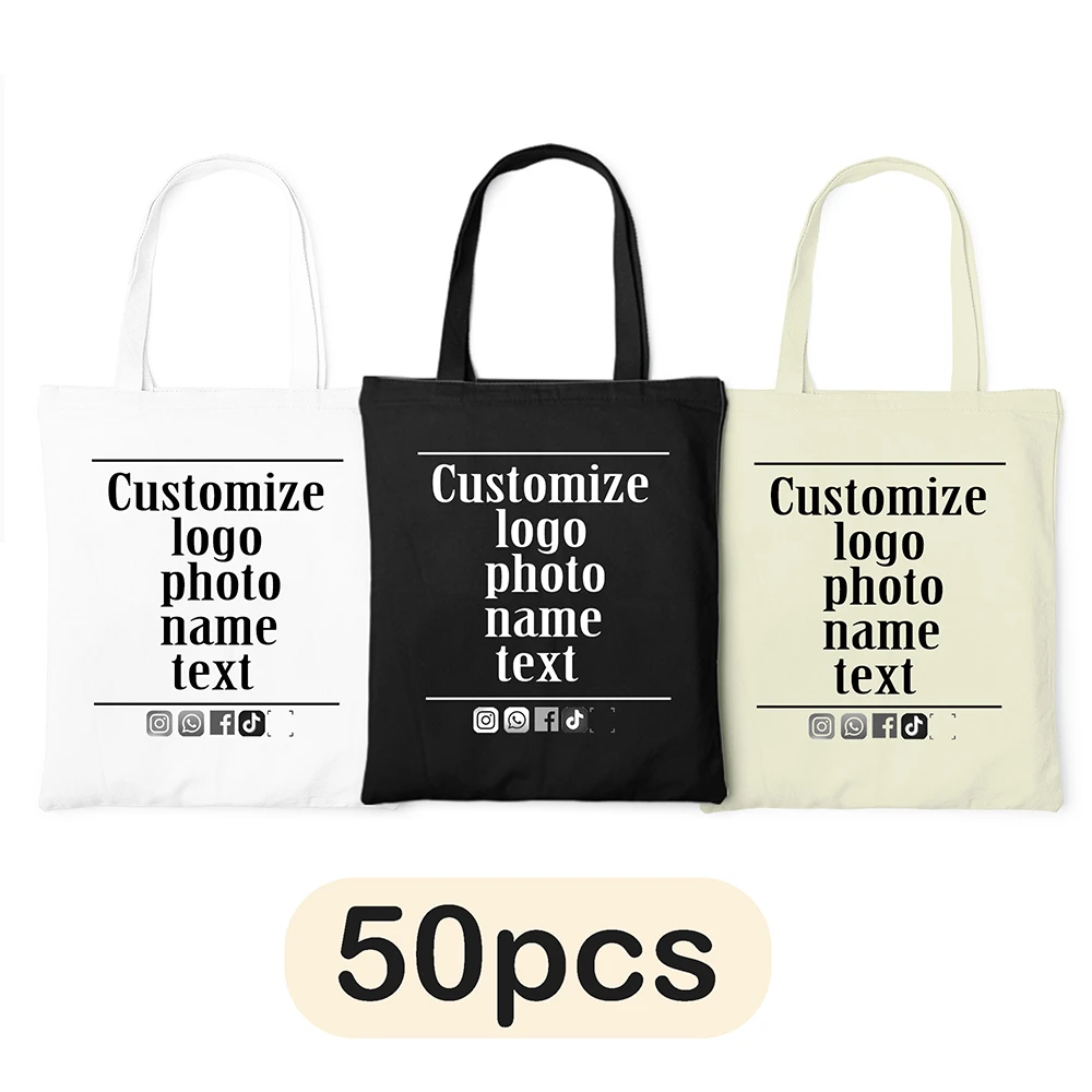 50pcs Personalized Picture Canvas Bag Custom Logo Name Tote Bags Beach Cloth Handbags Teacher Gifts Big Shopping Shoulder Pouch