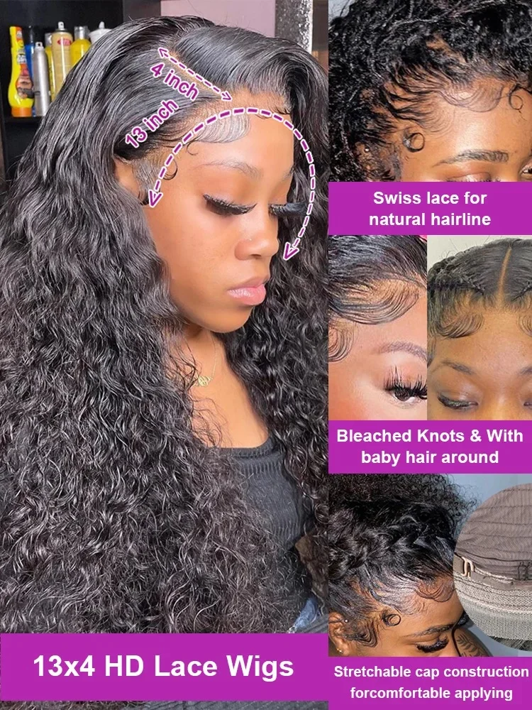Water Wave 13x4 13x6 Lace Front Wigs Human Hair 250 Density Transparent Curly Wave Lace Front Wig 40 44 Inch Deep Wave For Women image 3