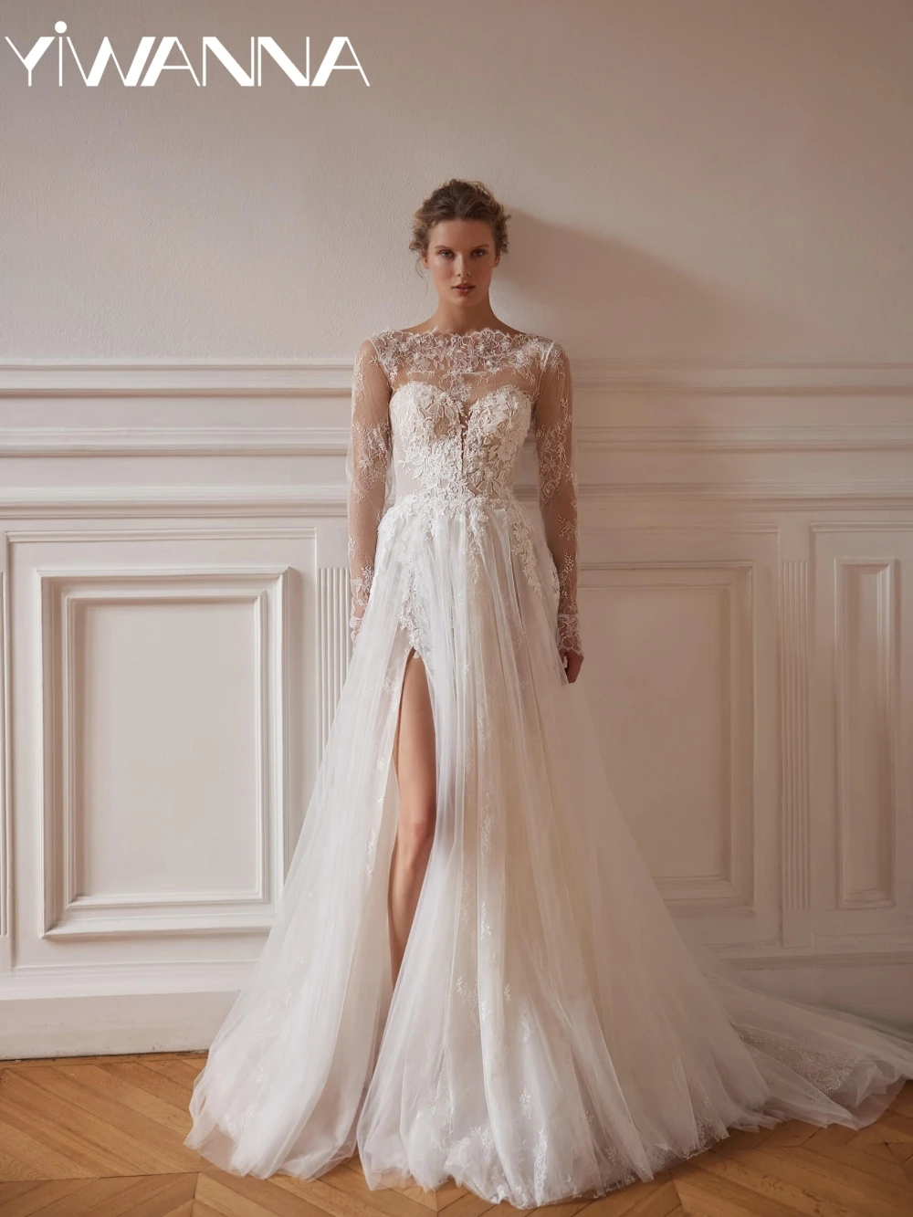 

Dreamy Ivory Beaded Lace A-line Wedding Dress Boat Neck Long Sleeve Bridal Gown New Customized High Slit Dresses For Bride