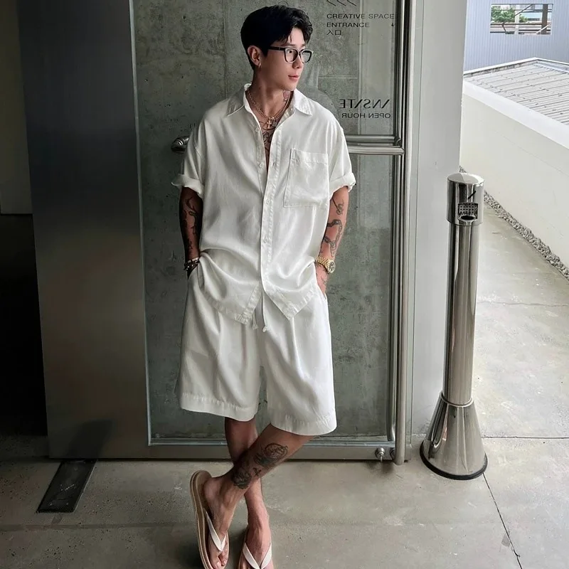 

Комплект повседневной спортивной одежды 2026: модная рубашка и стильные мужские шорты с коротким рукавом, однотонные, тонкие