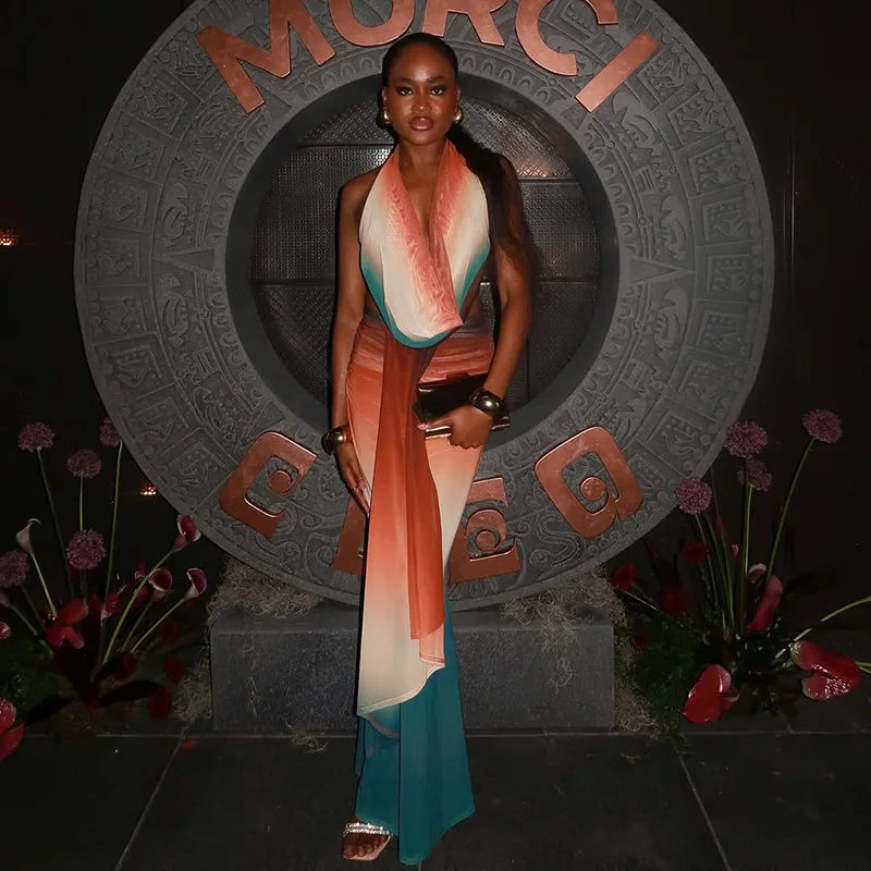 

BWQ Gradient Color Women's Dress Set Halter Neck Crop Tops and Midi Maxi Skirts Suit Vacation Sexy Two 2 Piece Set Outfits 2025