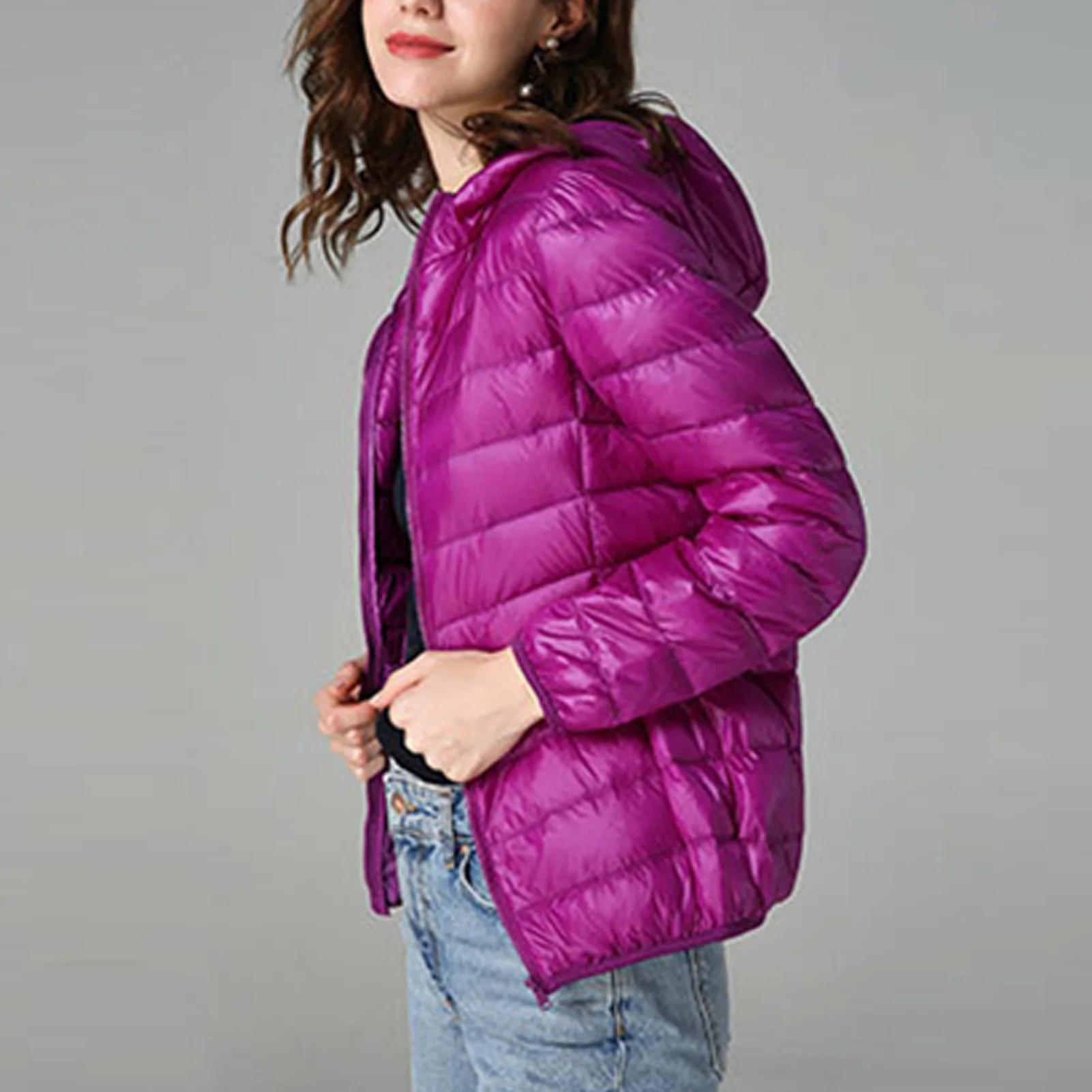 Women's Hood Stand Collar Winter Jacket Plus Size Solid Color Warm Jacket for Winter Outdoor Wearing