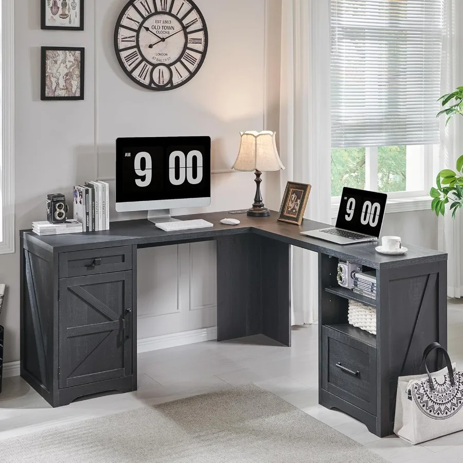 مكتب منزلي مكتب كمبيوتر حديث للمزرعة مع خزانة ملفات حرف T4 F4 مكتب كتابة للدراسة القانونية 59 Ih أسود رائع #3