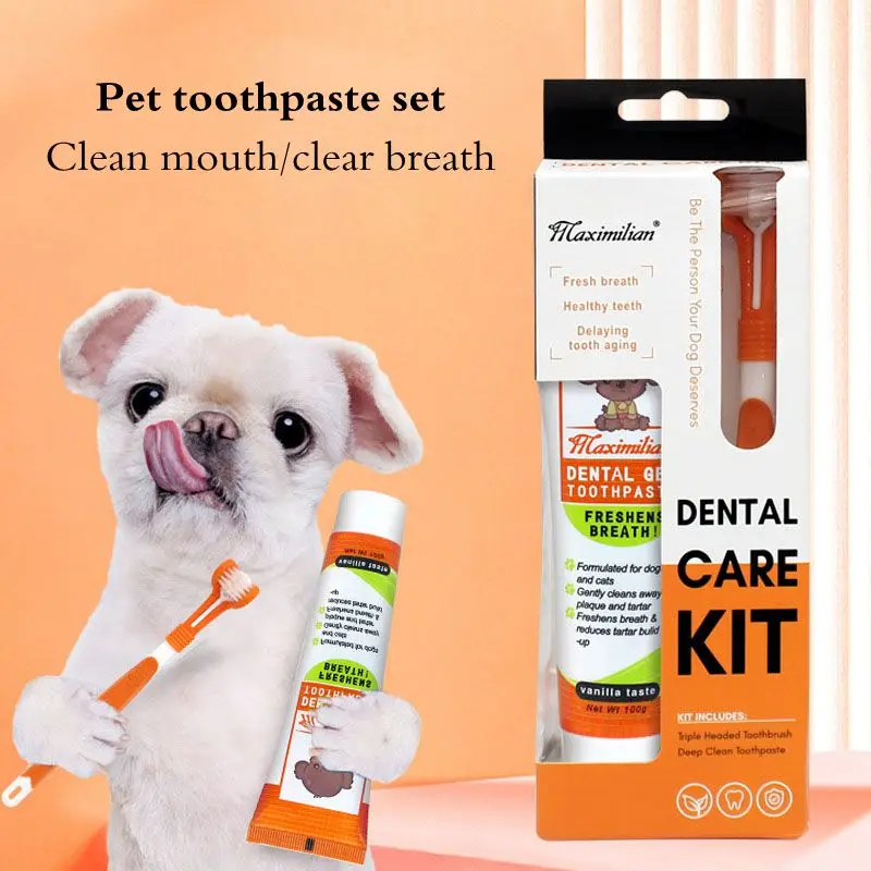 Pet Vanilla Flavored Toothpaste Set Three-Side Toothbrush Head Oral Care Cleaning Supplies for Cat Dog Healthy Edible Toothpaste