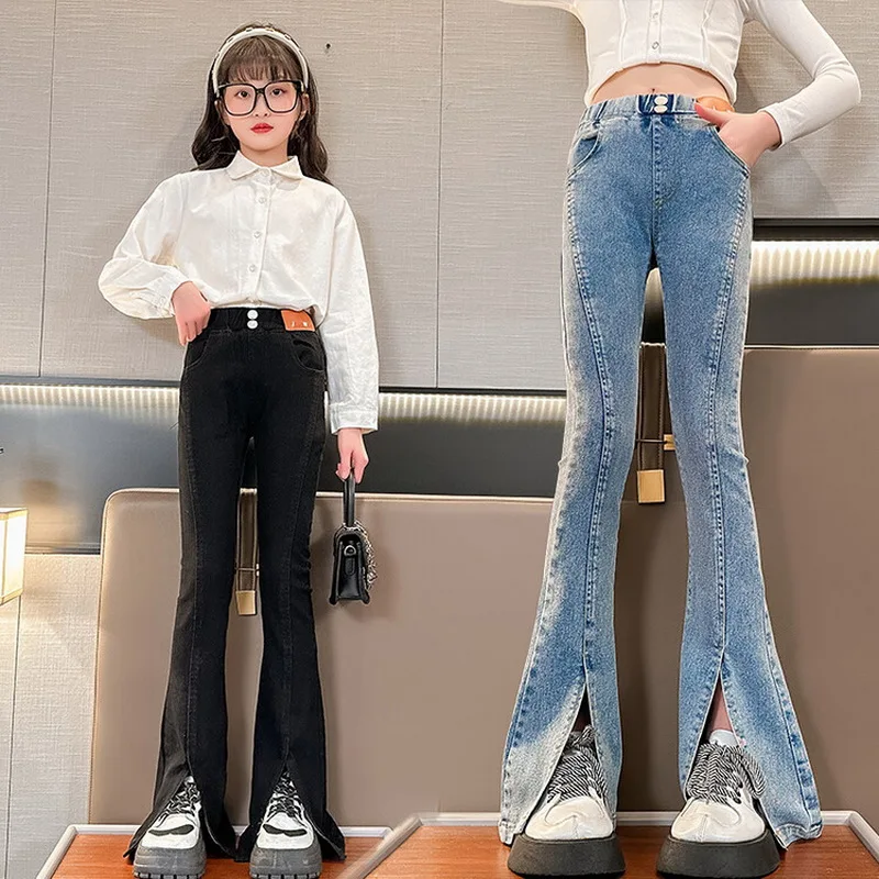 Nowa moda Rozkloszowane spodnie dziecięce Teen Girls Jeans Vintage Denim Trousers dla 5 6 7 8 9 10 11 12 13 14 lat dzieci Bottom