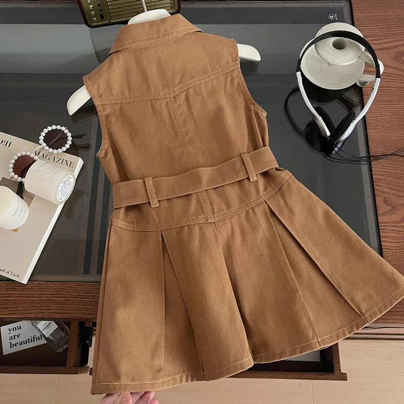2025 Summer New Girls Denim Dress Belt Decoration Lapel Collar Sleeveless Tutu Princess Dress For 2 -10 Years Kids Fashion Dress