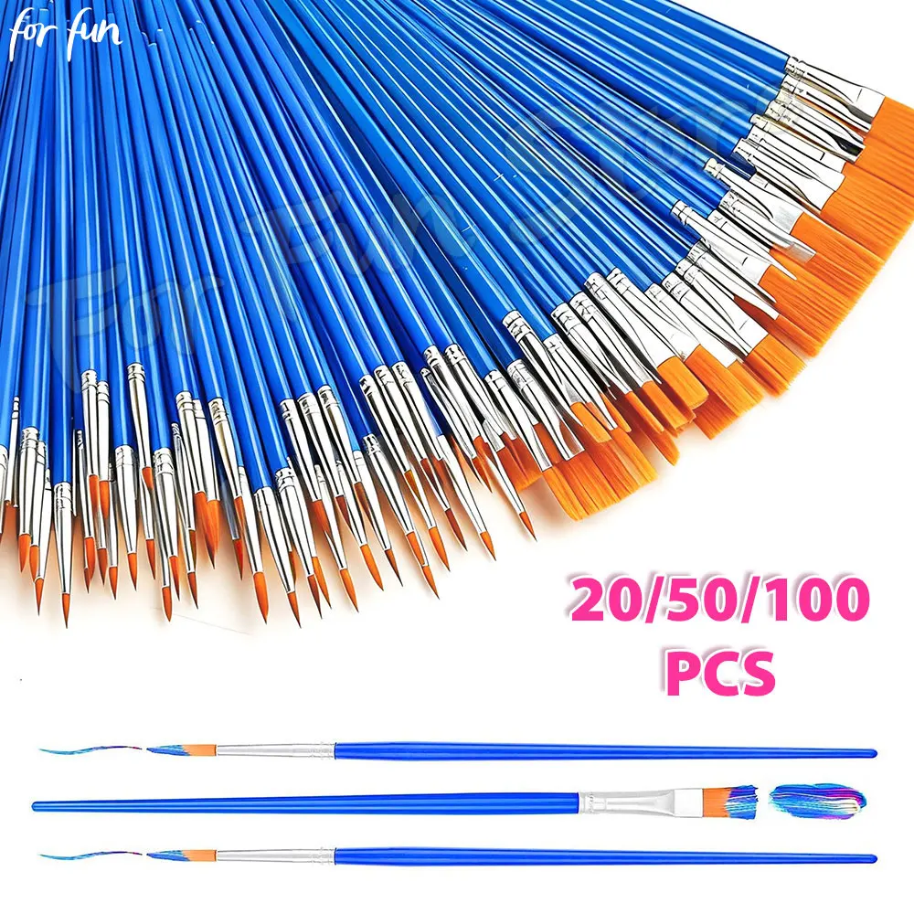 For Fun 20/50/100PCS Painting Brushes Set Flat-headed Nylon Hair Brush Doodling DIY Line Drawing Pen for Oil Acrylic Watercolor