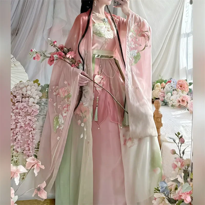 Hanfu vestido chinês feminino tradicional vintage hanfu halloween cosplay traje verão vestido de dança hanfu gradiente vermelho 3 peças conjuntos