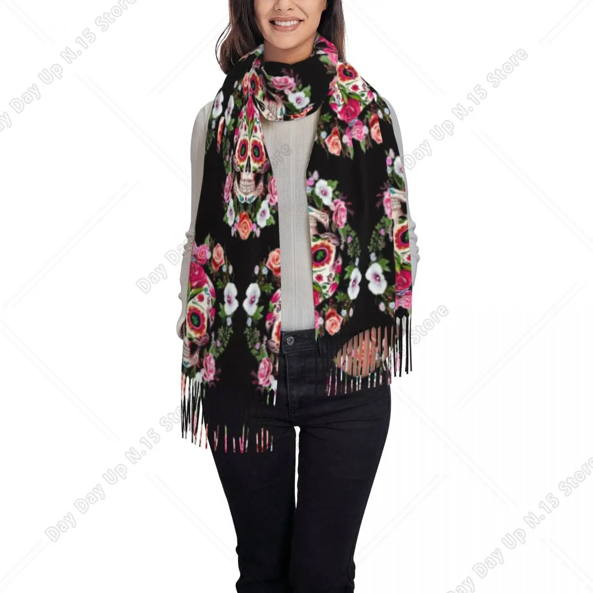 Heart Floral Sugar Skull Day Of The Dead Scarf Tassel Scarves for Women Soft Warm Shawls and Wraps Large Fall Winter Shawl Wrap