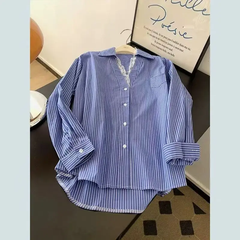 2025 bleu rayé dentelle bord col en V boutonné chemises femmes chemises à manches longues Camisas De Mujer printemps mode coréenne chemise décontractée
