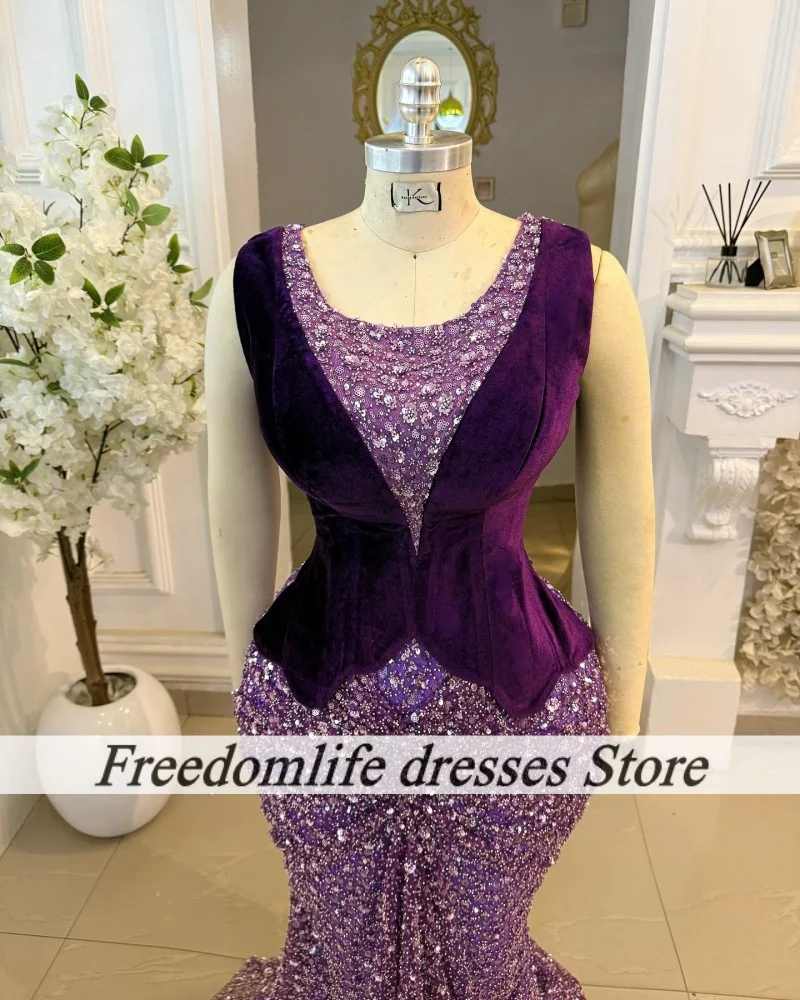 Paarse mouwloze avondjurken met prachtige pailletten appliqué op maat gemaakte lange zeemeermin bruiloft feestjurk galajurk voor dames