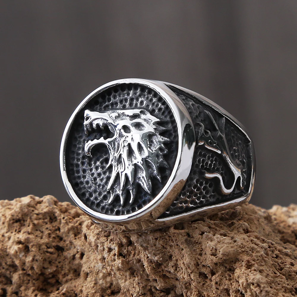 Retro Stainless Steel Viking Wolf Rings For Men Biker Ice Wolf House Stark Winterfell Animal Men's Ring Nordic Fashion Jewelry