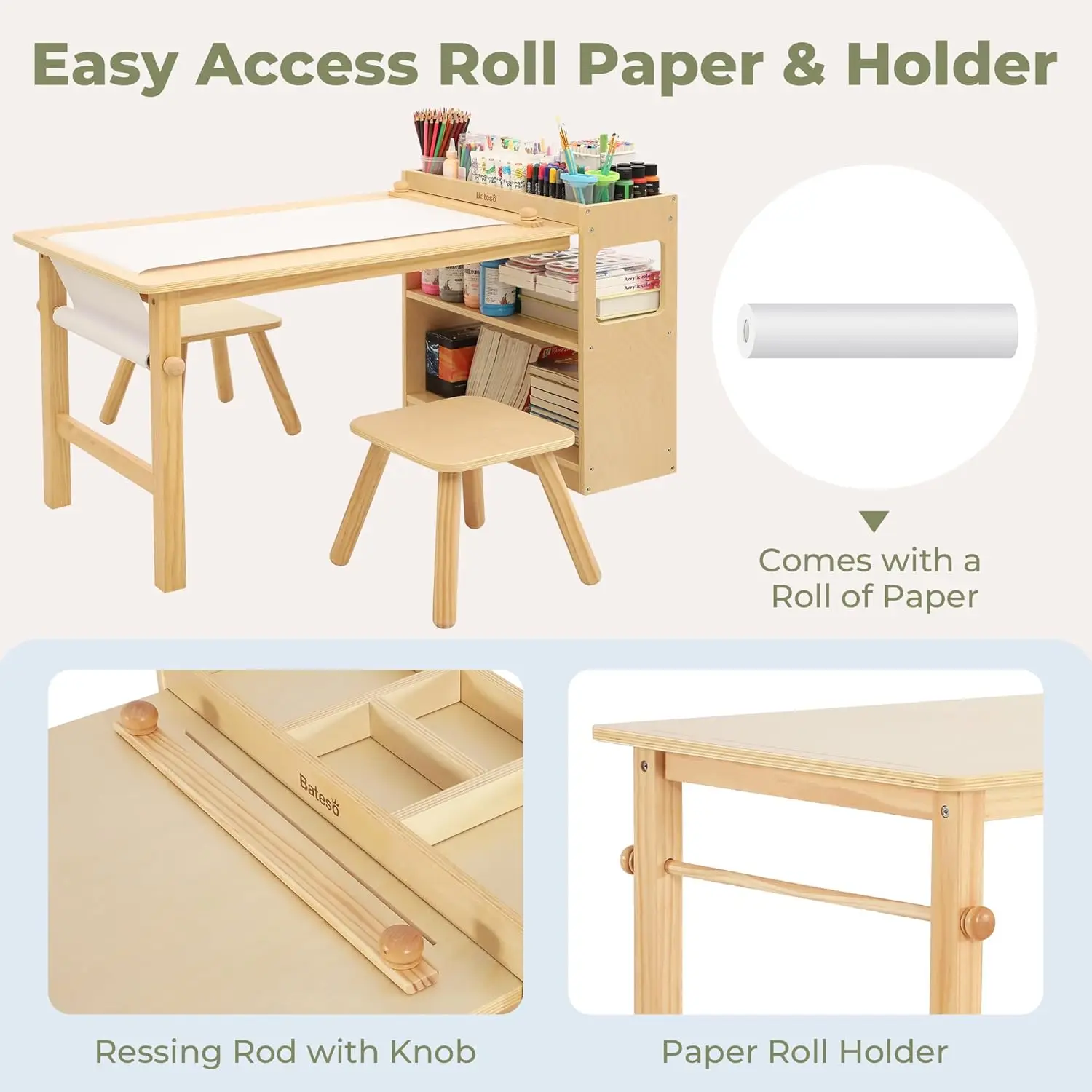 Kids Art Table and 2 Chairs with Roll Paper, Craft Table with Large Storage Shelves, Drawing Desk, Kids Activity Table and Study