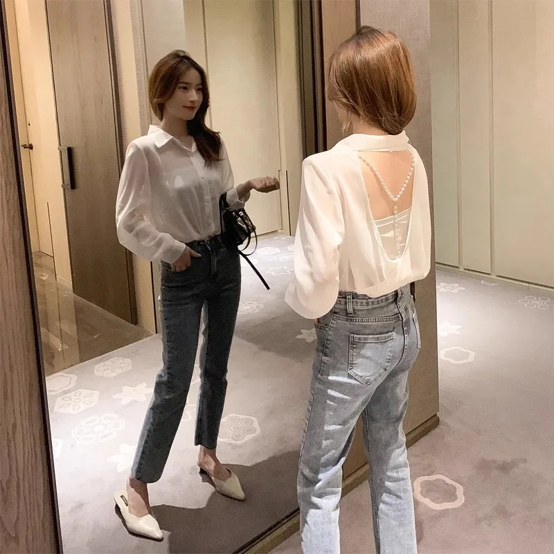 Chic Beading Backless Shirts Women Fashion Solid Simple Loose Leisure Pearls Young Popular Thin Lightweight Tops Ladies Ins New