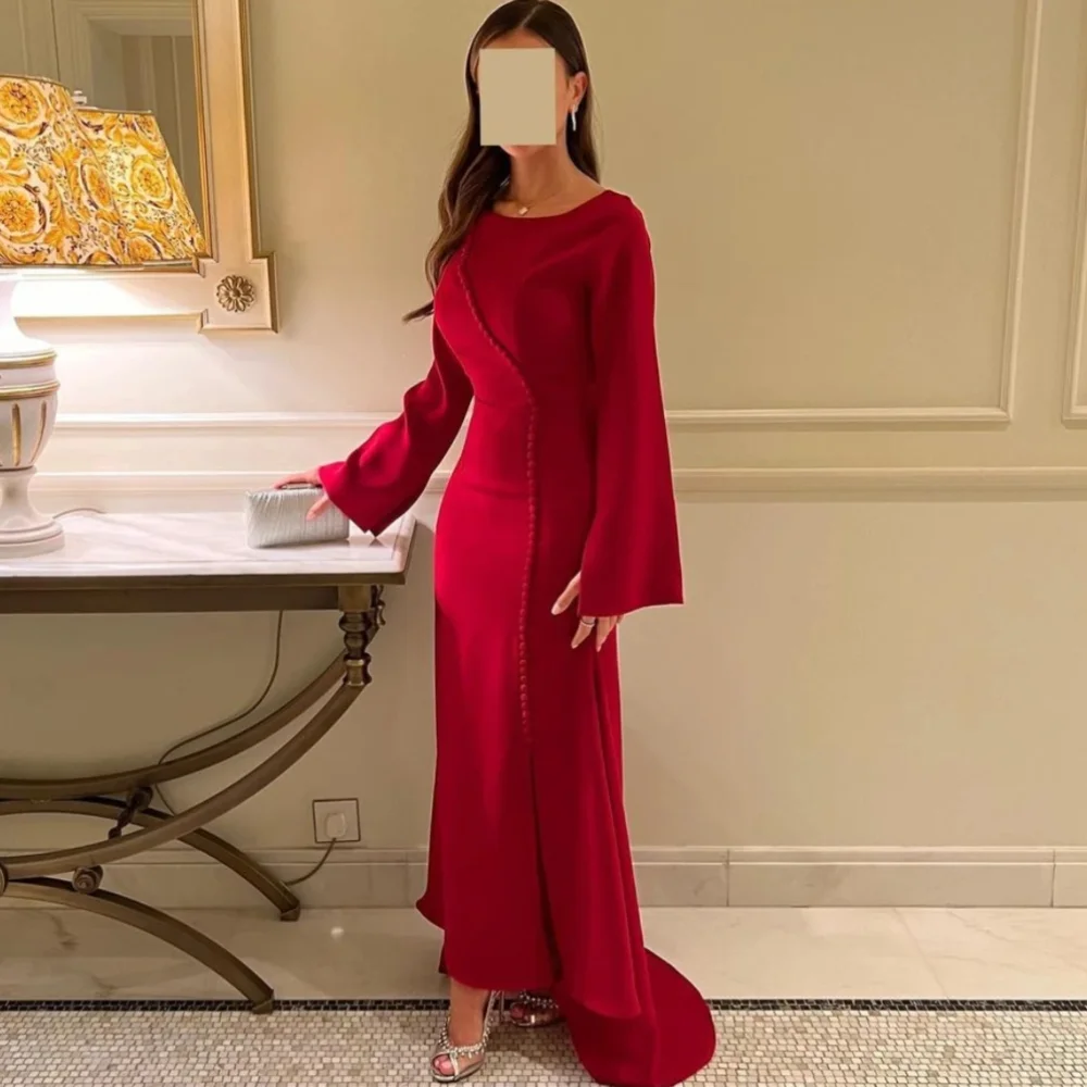 

Classy Long Red Scoop Neck Spandex Evening Dresses Full Sleeves with Slit Sheath Sweep Train Vestido De Noche