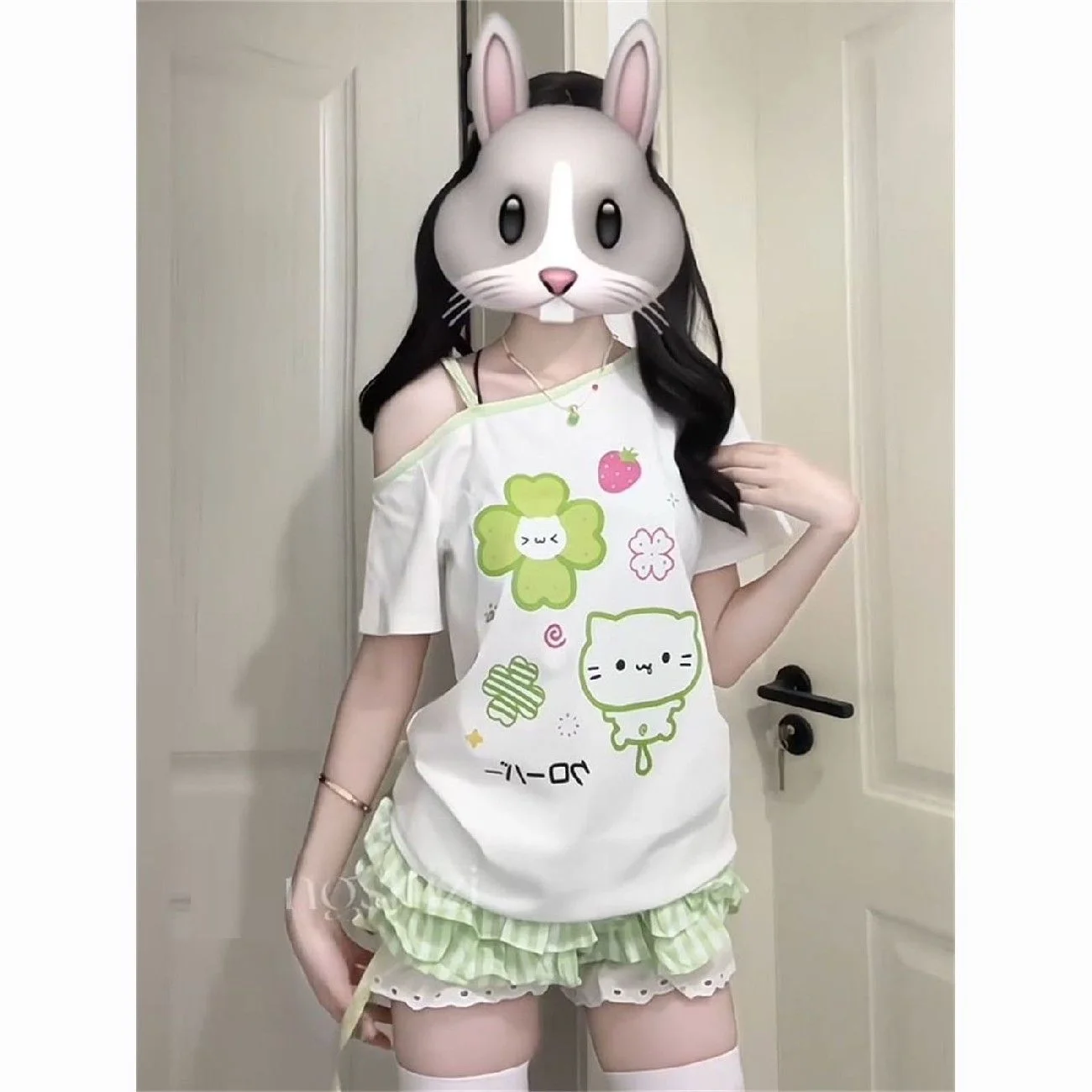 Y2K Ladies Tshirts Ezgaga Harajuku T Shirts Women Cute Cartoon Sweet Diagonal Collar Short Sleeve Off Shoulder Funny Tops Female