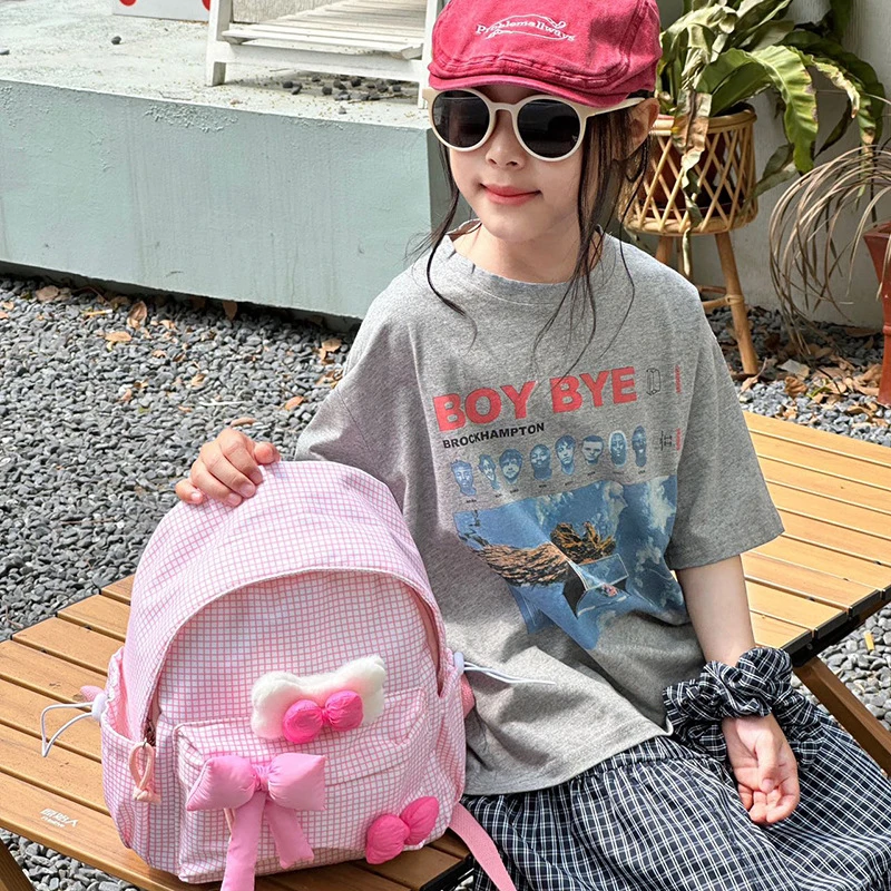 

Summer Bowknot Girl Backpack Cute Children's Korean Style Large Capacity Schoolbag Fresh Plaid Girl Student Study Bag