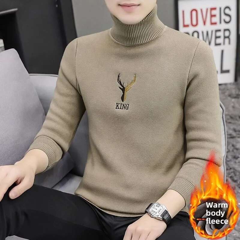 

Мужской вязаный свитер с высоким воротником, утепленный, с вышивкой, приталенный, базовый, модный, теплый, зимний, шерстяной топ