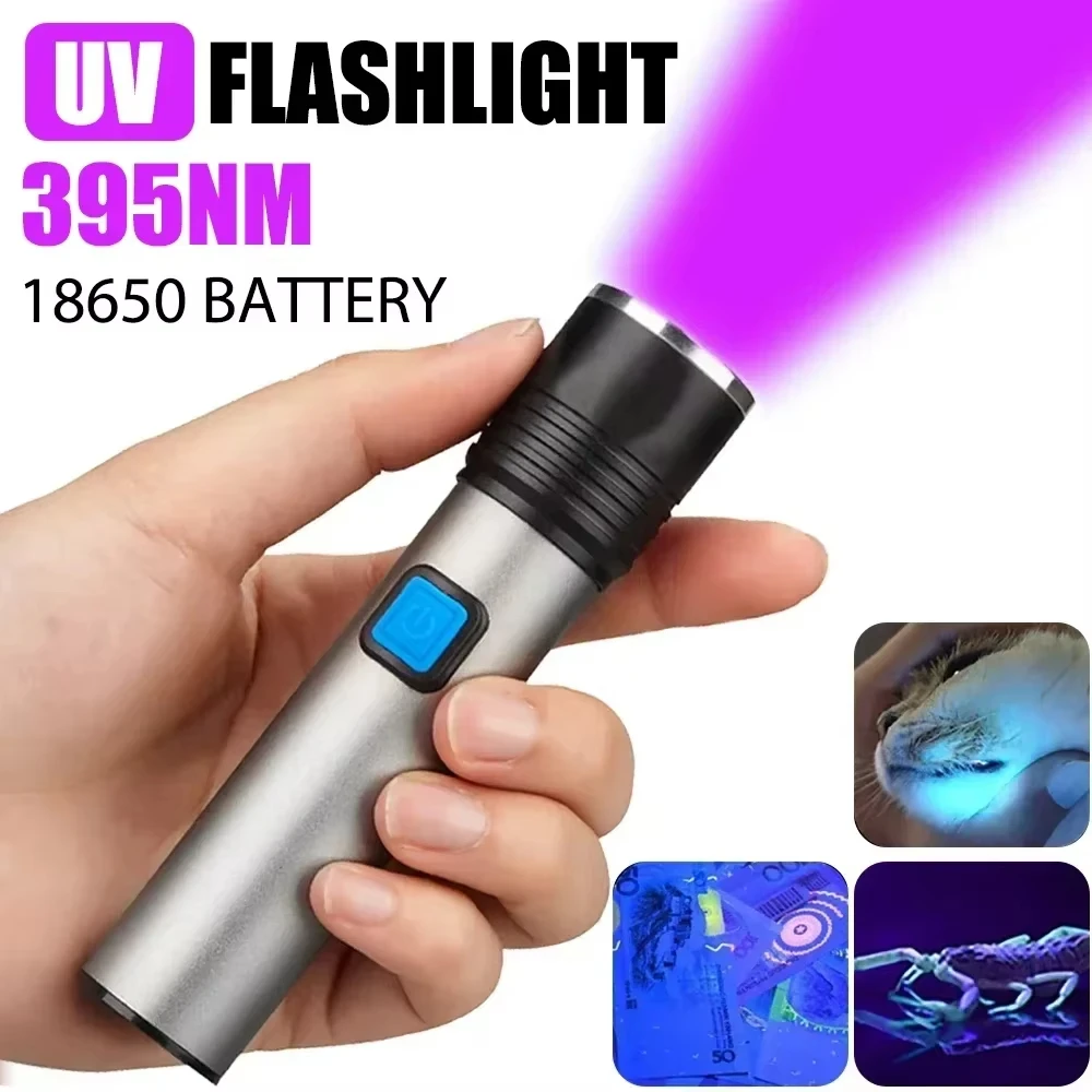 UV Flashlight  High Power Black Mirror Purple Light Detection Torch Powerful 395NM Type-C USB Rechargeable LED Ultraviolet Lamp