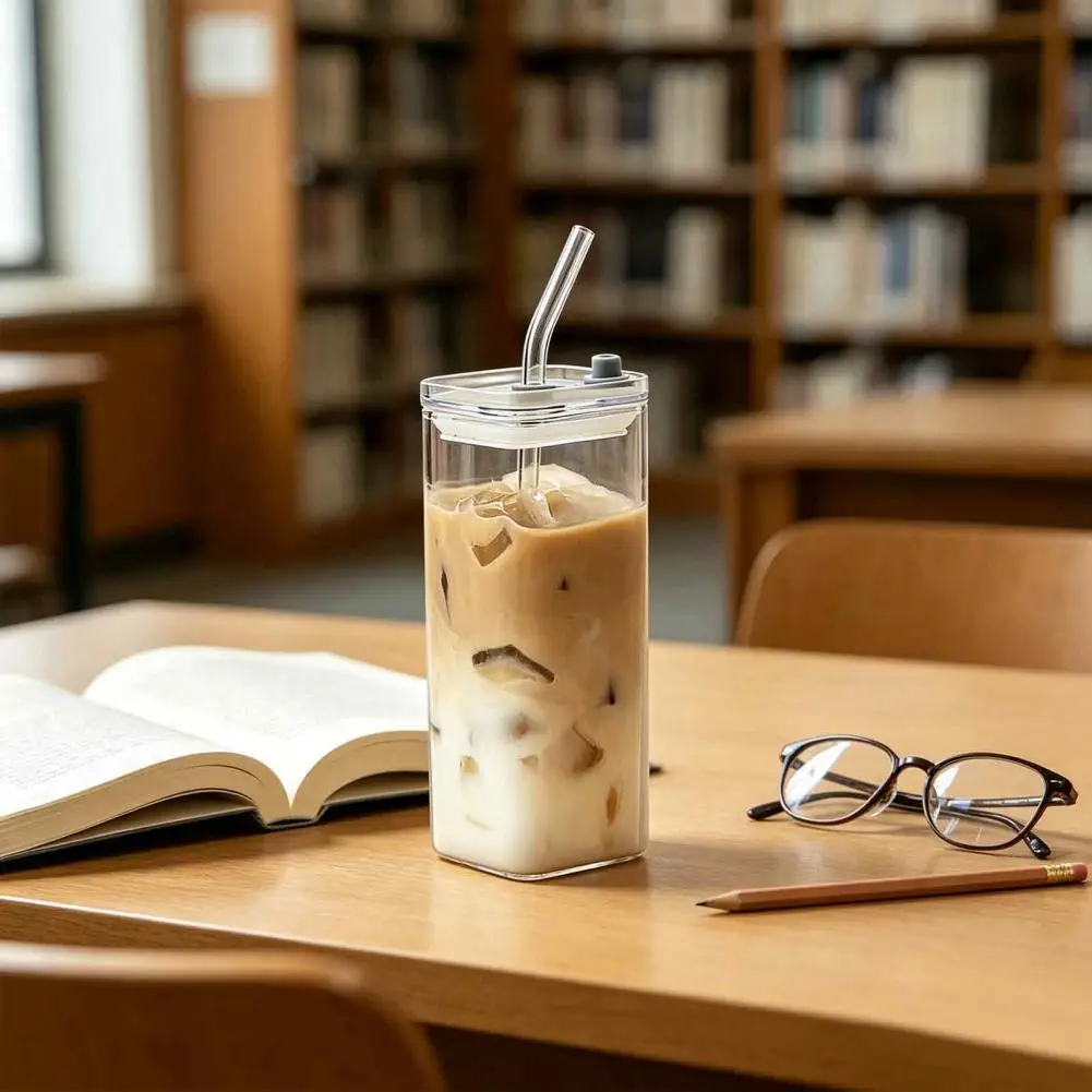 Iced Coffee Glassware Set Square Borosilicate Glass Cup with Lid Straw 350ml Heat-resistant Tumbler Portable Glassware for Iced