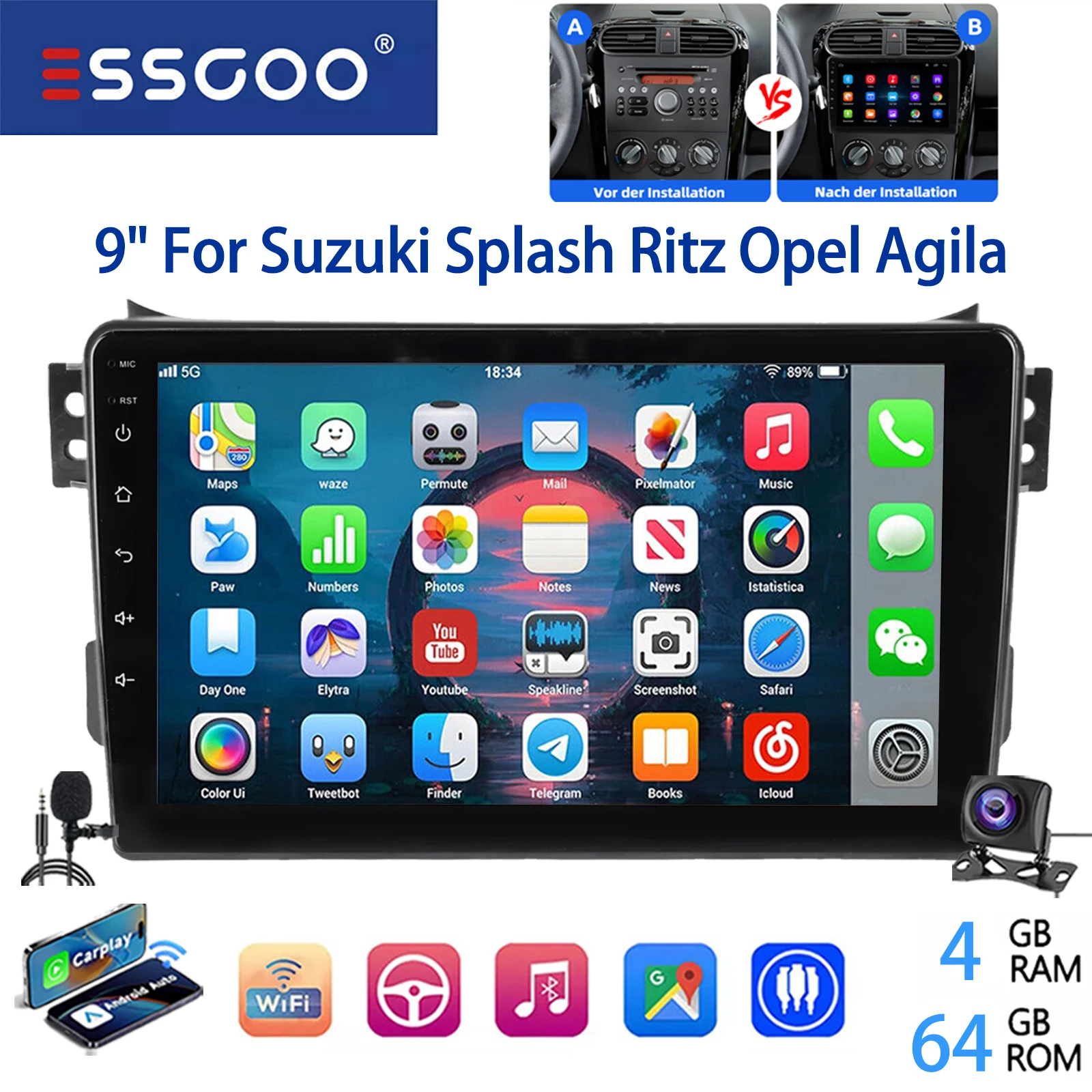 ESSGOO 9" 2 DIN Android 14 Voor Suzuki Splash Opel Agila B 2004-2014 CarPlay Android Auto Autoradio GPS Navigatie FM Wifi BT RDS Mirror Link Multimedia Video Speler
