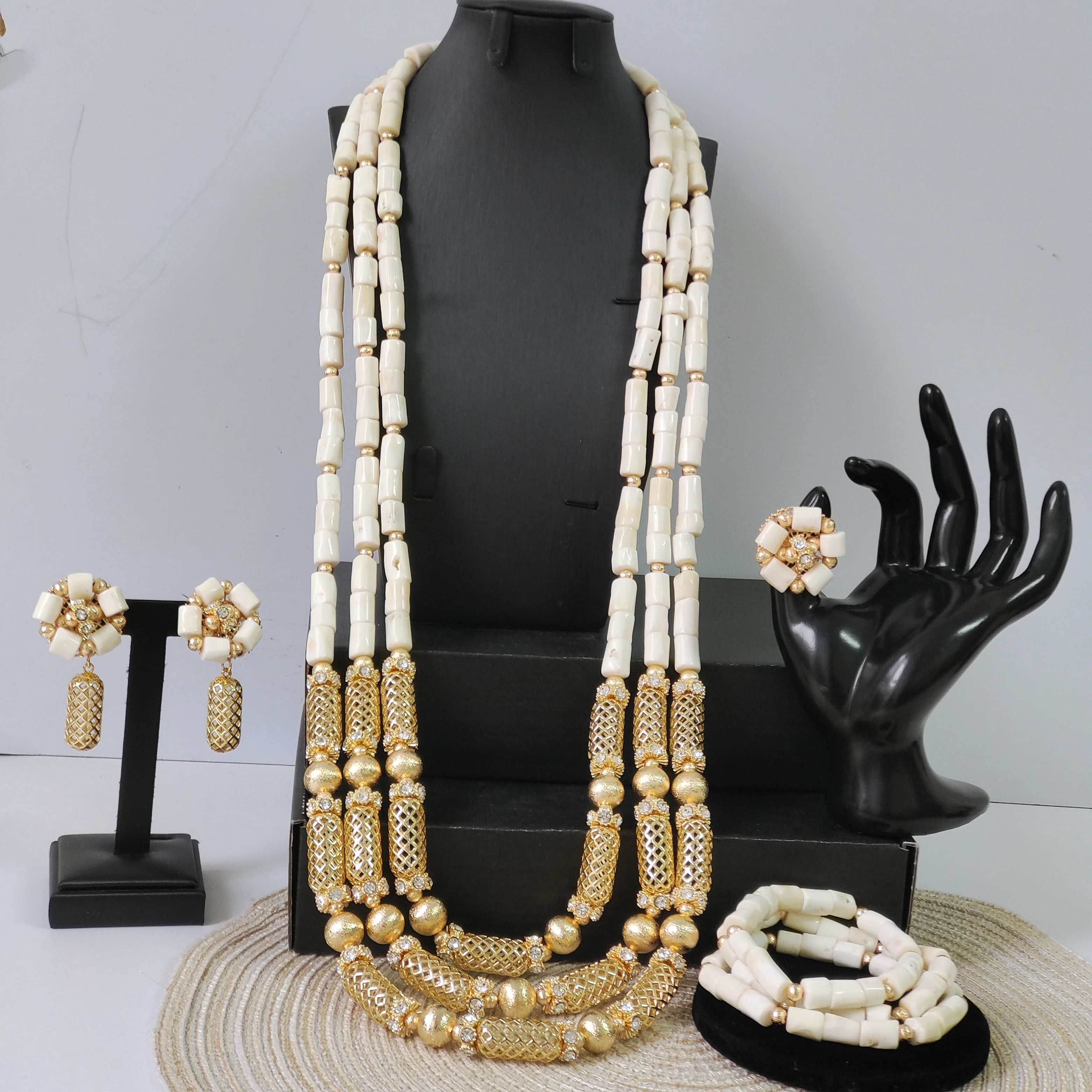 Original 40inch 3 Layers white coral necklace nigerian wedding african beads jewelry set