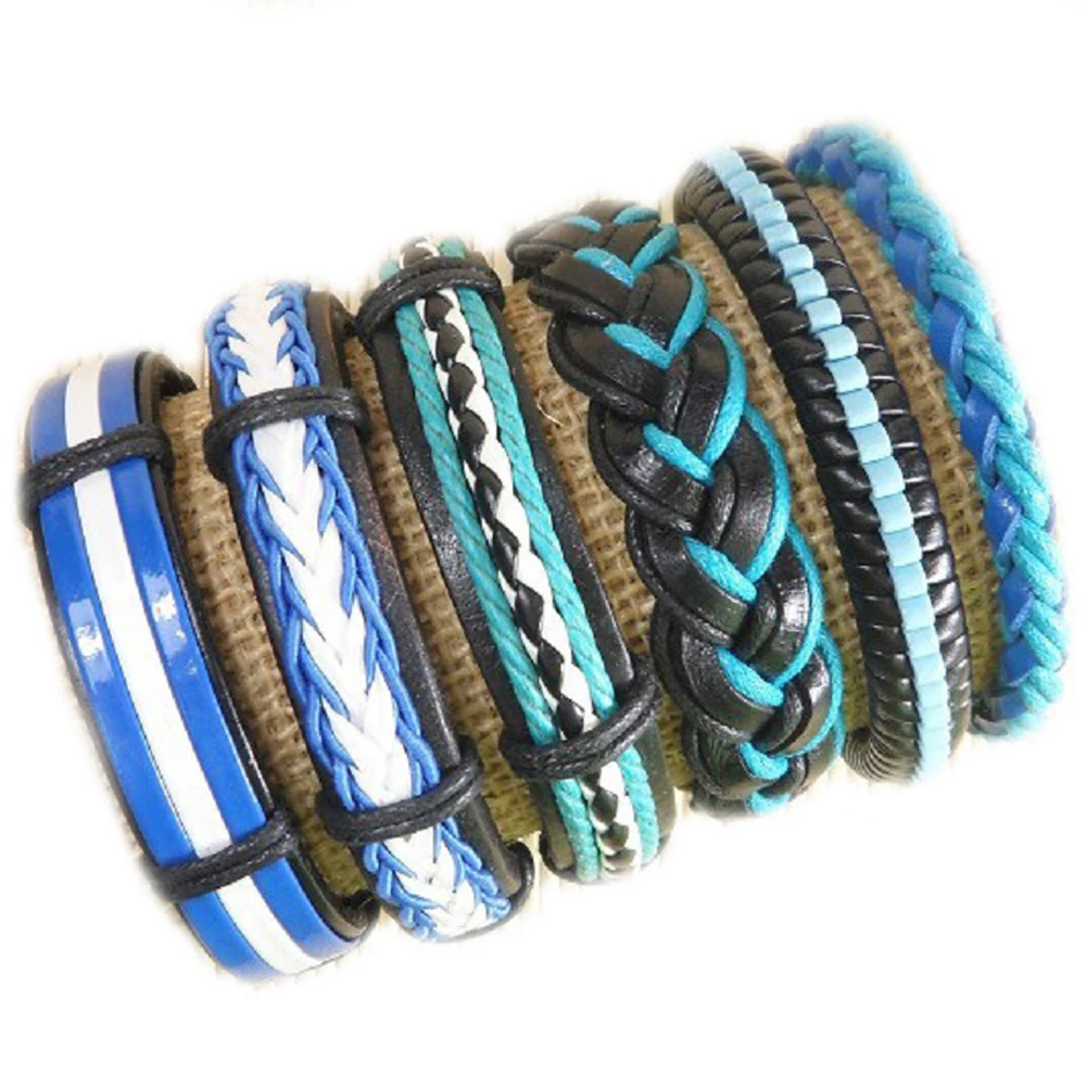 6Pcs/ Set Braided Wrap Leather Bracelets for Men Charm Ethnic Tribal Adjustable Bracelet Leather Weave Wristbands Jewelry-S02