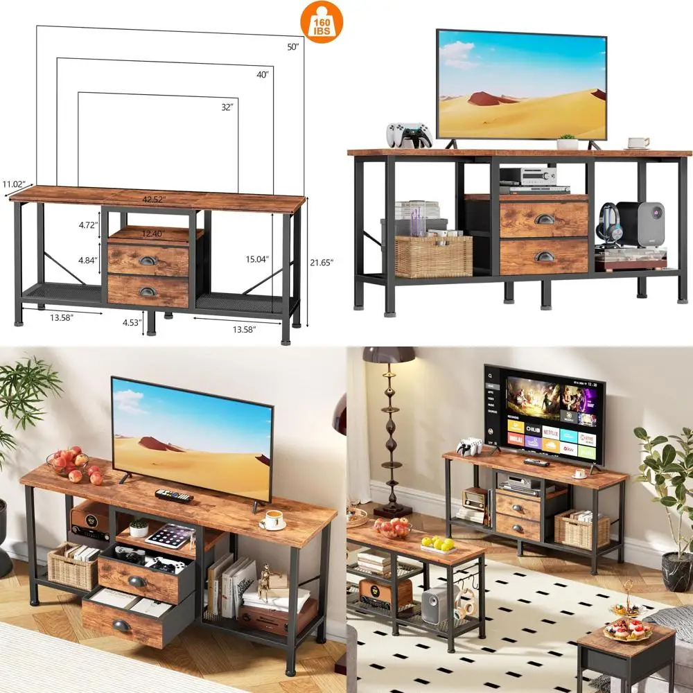 

Подставка под телевизор Rustic Brown 43 с двумя тканевыми ящиками и открытыми полками для развлекательных центров