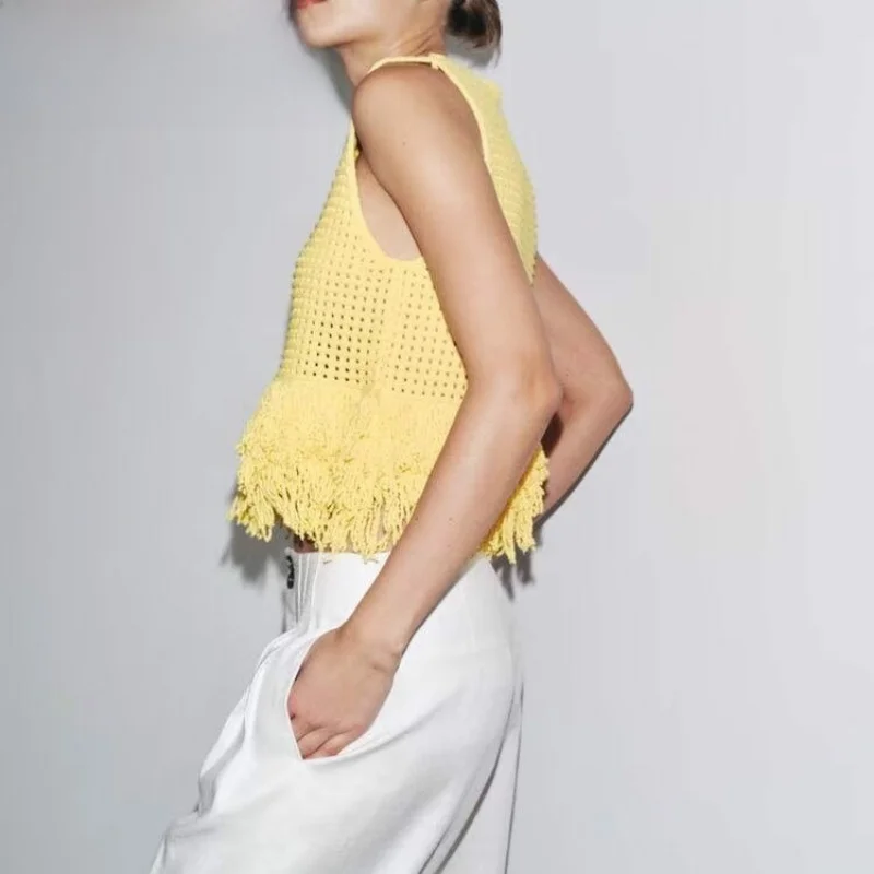 

Sweet Soft Tassel Trim Hollow out Knitted round Ne Svel Vest Top Women's New Arrival Summer Faion Commute Sle Loo...