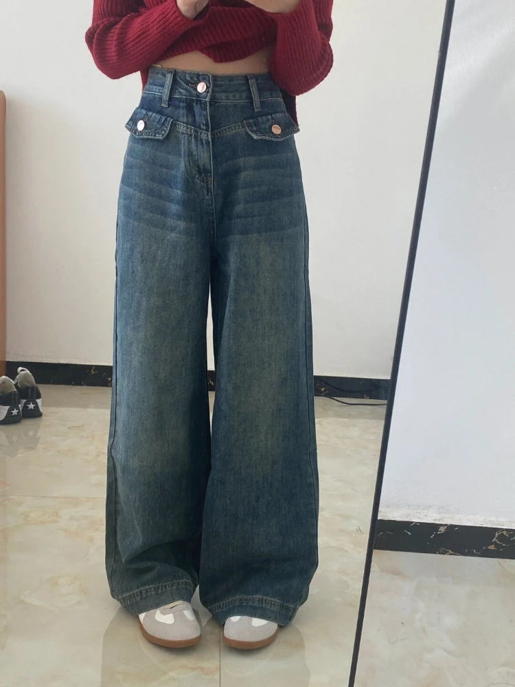 Jean rétro américain à jambes larges pour femmes, pantalon d'été fin, ample, amincissant, taille haute, Long