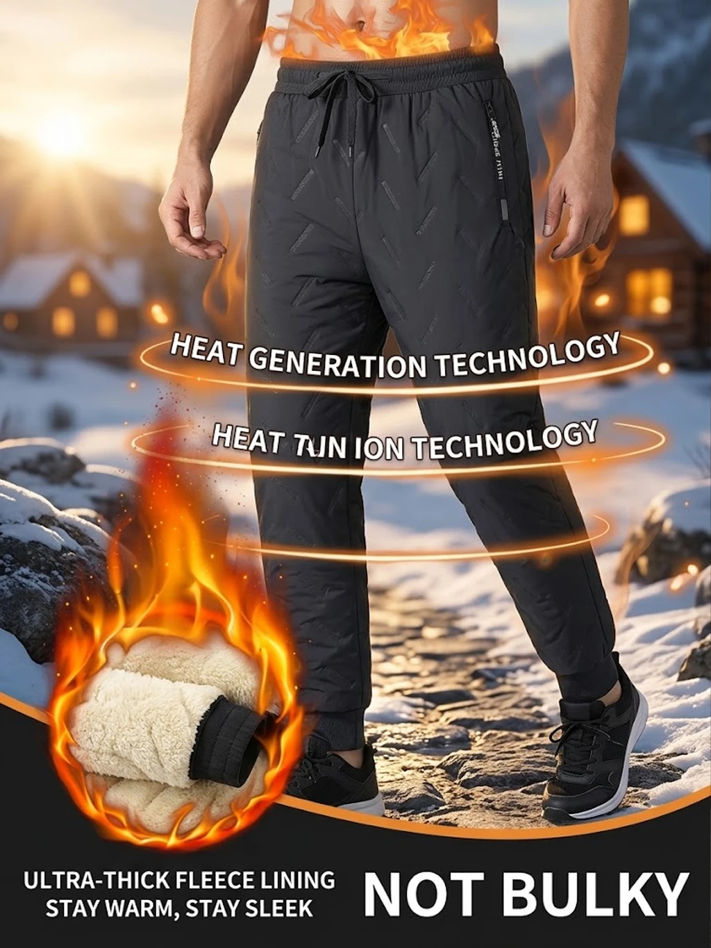 Herren-Winterhose für den Außenbereich, warm, mit Fleece gefüttert, wasserdicht, Thermohose, dicke Jogginghose, winddicht, Laufhose, Sport-Trainingshose. – Detail 1