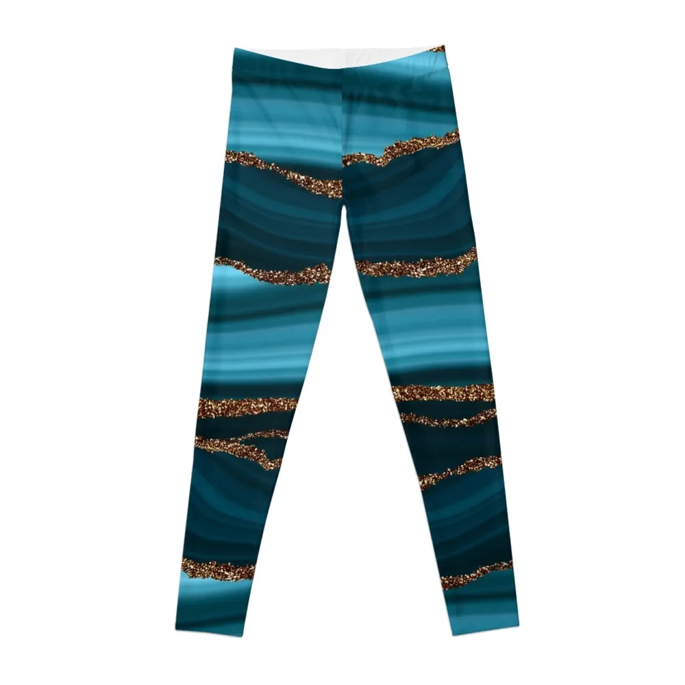 Abstract Teal Blue And Gold Faux Marble Strokes Leggings active wear Pants sport Womens Leggings