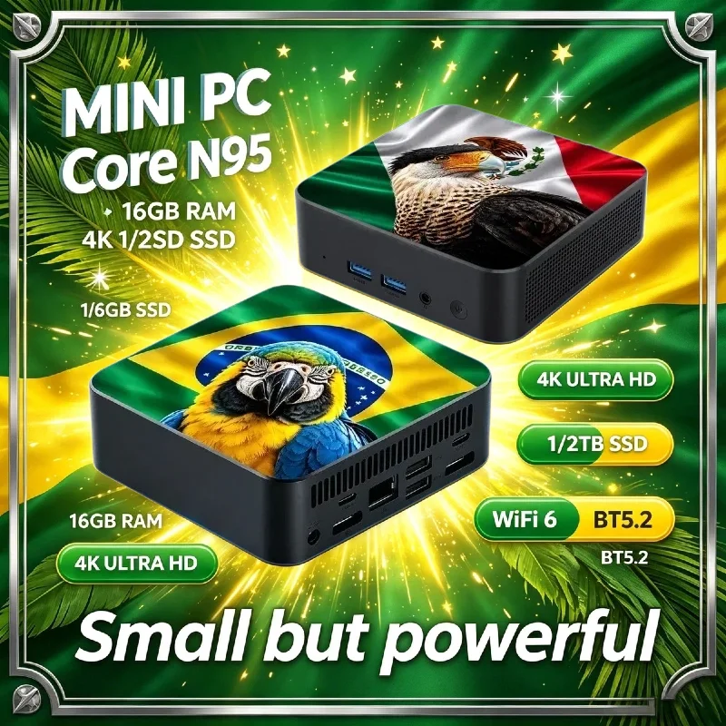 Mexico Brazil Flag 2026 High‑Performance Mini PC Intel Core N95 16GB 2TB SSD WiFi 6 BT5.2 Compact Desktop for Office and Gaming