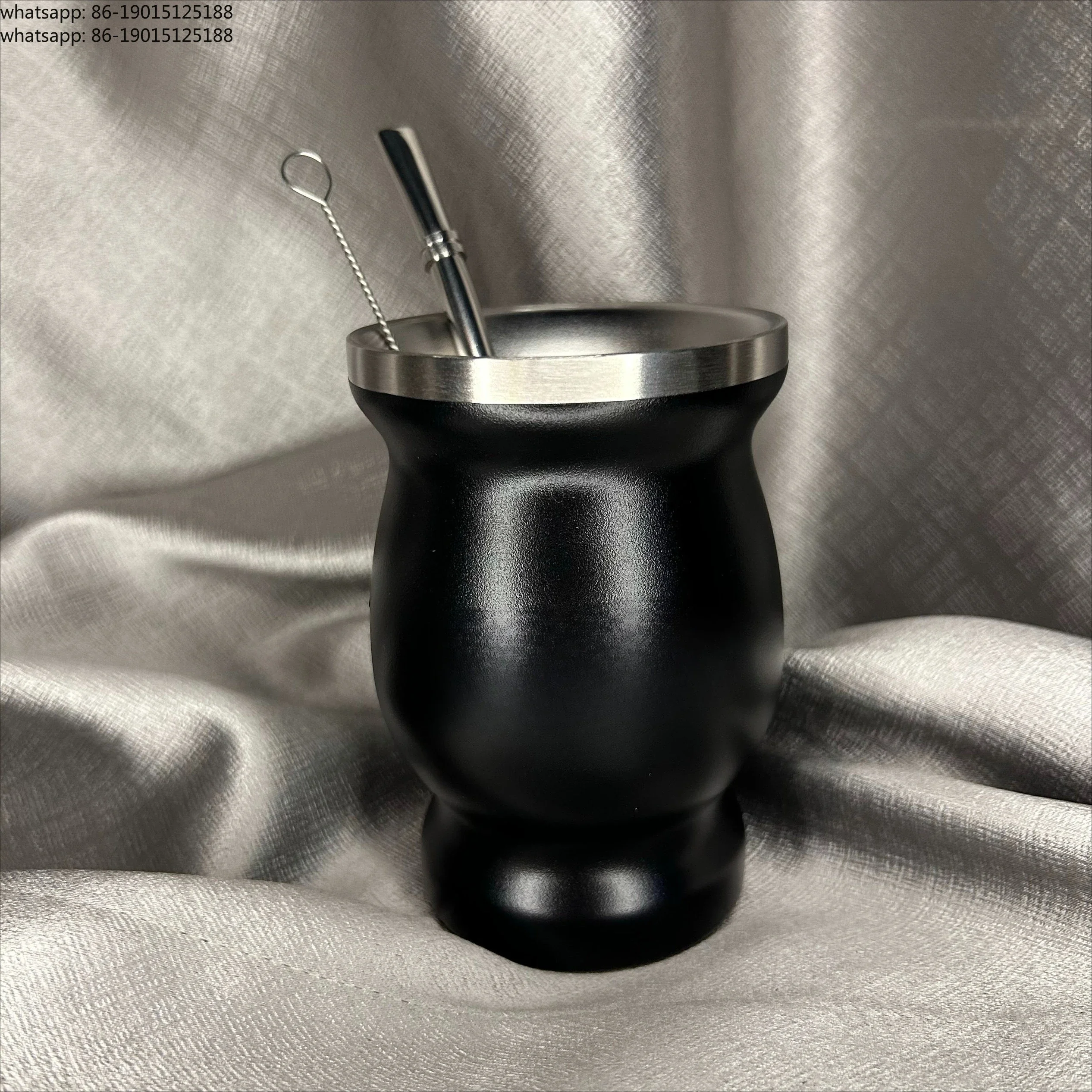 stainless-steel-black-mate-cup-argentine-big-bellied-gourd-cup-with-straw-spoon-thermos-cup