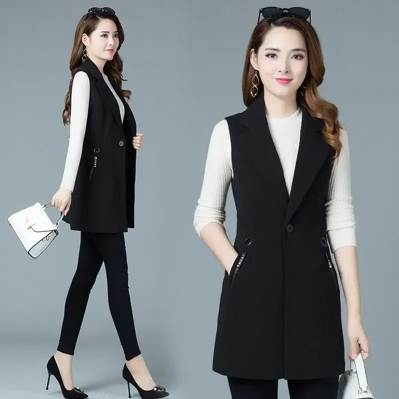 Classic Women Long Blazer Vest Elegant Office Lady Coat Female Waistcoat Casual Suits Sleeveless Jacket Pocket Outwear E244